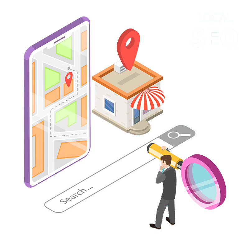 Local Local SEO for local businesses. A man holding a magnifying glass and a search bar online where he appears to be looking for something. Mobile image with Google Maps and a local business next to the mobile.
