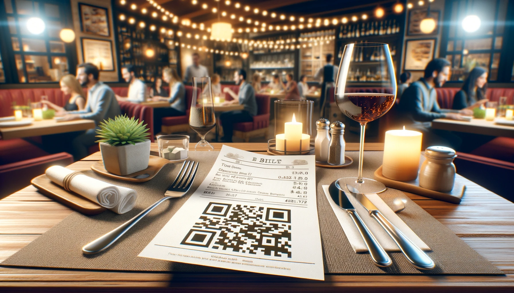 A realistic photo-style image of a restaurant scene. The focus is on a table with a bill and a clearly visible QR code next to it, implying a request .png