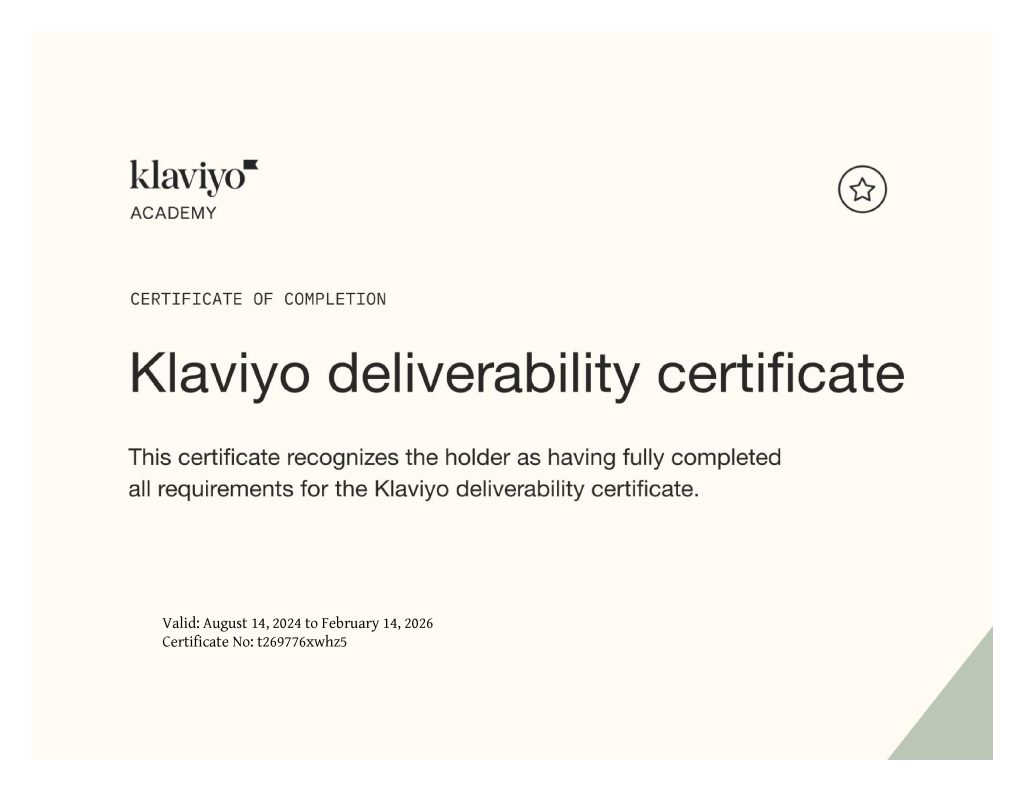 Klaviyo deliverability certificate