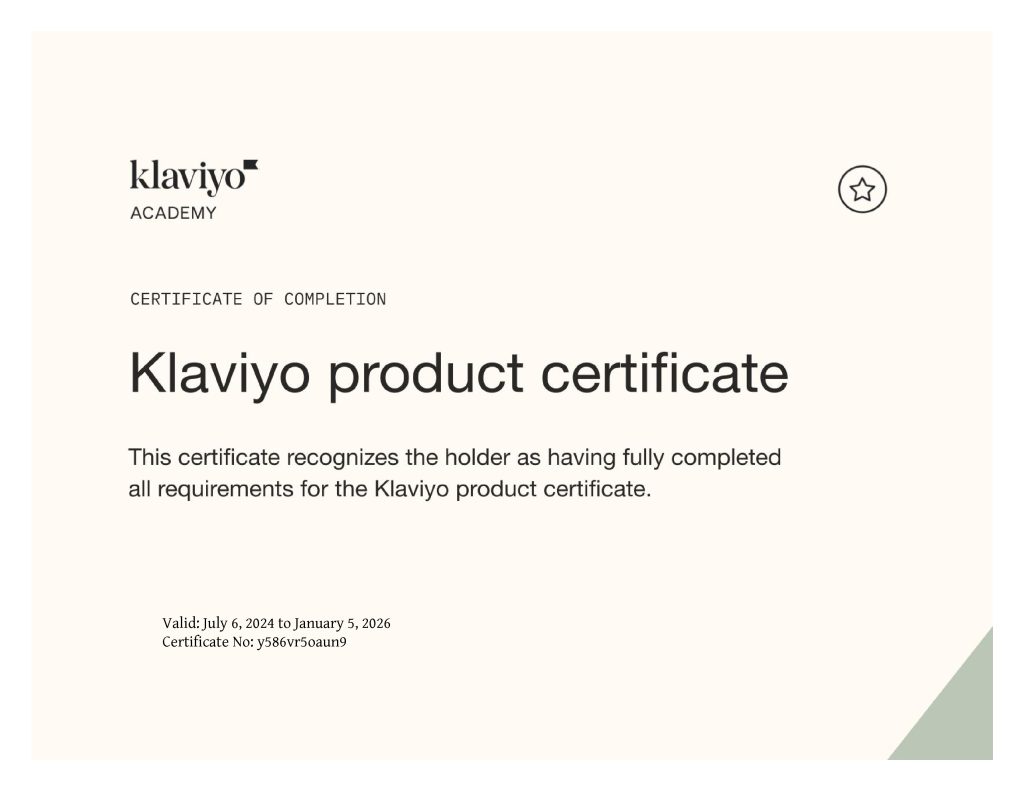 klaviyo product certificate