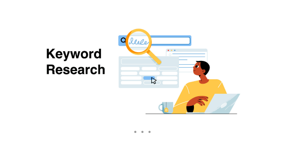 Illustration of a person working on a laptop with a magnifying glass highlighting the word 'blue' in a search bar, accompanied by the text 'Keyword Research' on the left. The image represents the concept of keyword research in SEO