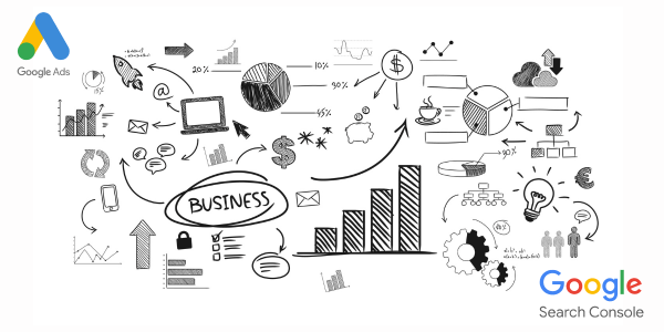 Black and white sketch-style illustration representing various business concepts and strategies. It includes charts, graphs, pie charts, gears, and icons such as dollar signs, a lightbulb, and communication symbols. Arrows connect the different elements, emphasizing flow and strategy in business planning