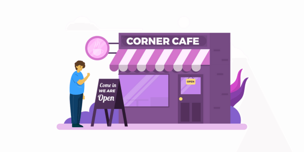 Illustration of a small café named 'Corner Cafe' with a striped awning and a sign that reads 'Come in, we are open.' A person standing outside gives a thumbs up, indicating the café is open for business