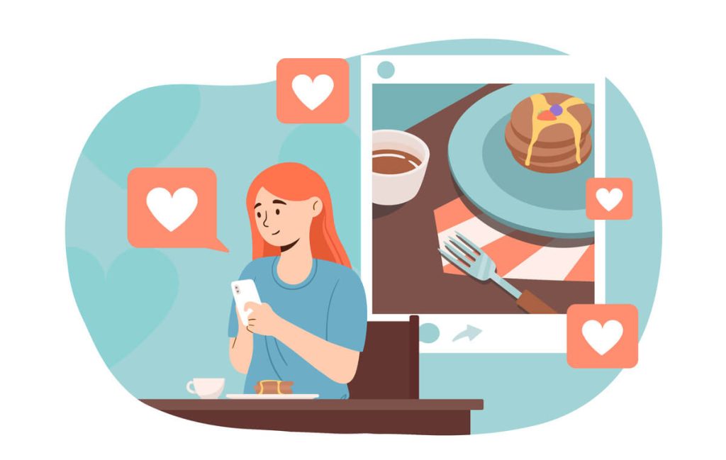 Woman make post with food Blogger and influencer share with followers her breakfast Popular personality and celebrity Content creator in social networks Cartoon flat vector illustration