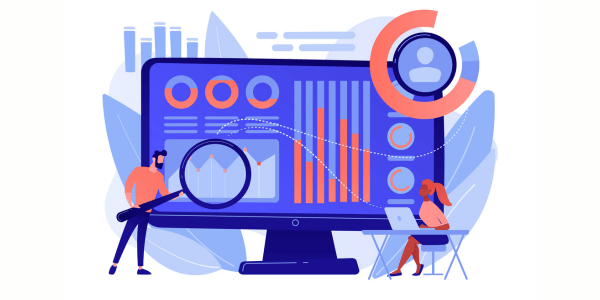 Illustration of a large computer screen displaying various charts, graphs, and data visualizations. One person is examining the data with a magnifying glass, while another person is seated at a desk working on a laptop. A profile icon is highlighted, representing data analysis or report tracking.