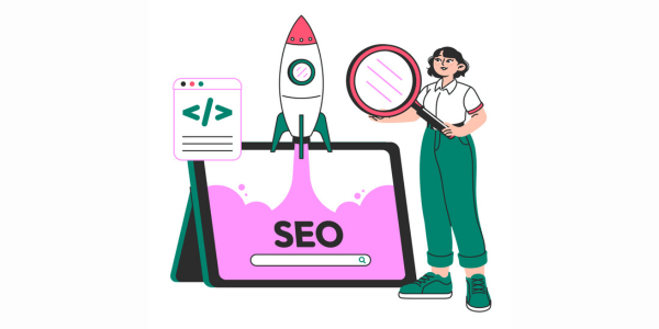 Illustration of a person holding a magnifying glass next to a computer screen displaying the word 'SEO.' A rocket is launching from the screen, symbolizing SEO optimization. There is also a smaller window with HTML code displayed on the left side