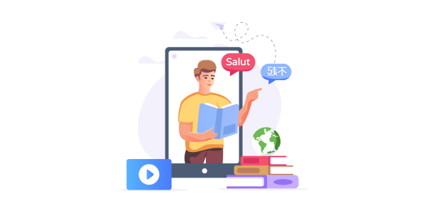 Creatively designed flat illustration of a person translating an online video in YouTube