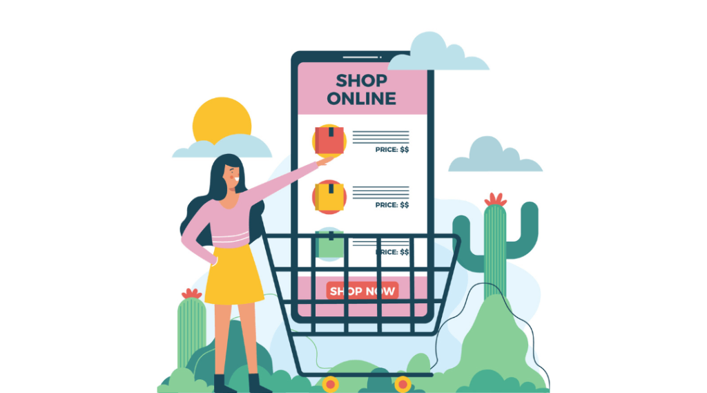 a woman standing beside a large smartphone screen displaying "Shop Online" with product icons and price tags. The woman is pointing at one of the products, and the phone screen is set inside a shopping cart. The background features a sunny sky, clouds, and cactus plants, creating a vibrant, shopping-themed design