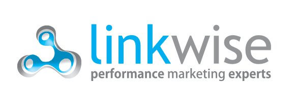 the Linkwise logo. The logo features the word "linkwise" in lowercase, with "link" in light blue and "wise" in grey. Below the name is the tagline "performance marketing experts" in grey. On the left side of the text is an abstract, circular symbol with interconnecting blue and grey shapes, representing connection and performance marketing expertise. Linkwise is a known performance marketing company, focusing on affiliate marketing solutions