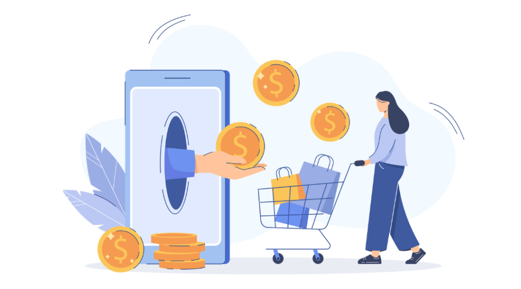  a woman pushing a shopping cart filled with items while large coins, symbolizing money, float in the air. a giant hand emerges from a smartphone, offering a coin, indicating a concept of online shopping and financial transactions. the background features abstract elements, creating a modern, e-commerce theme