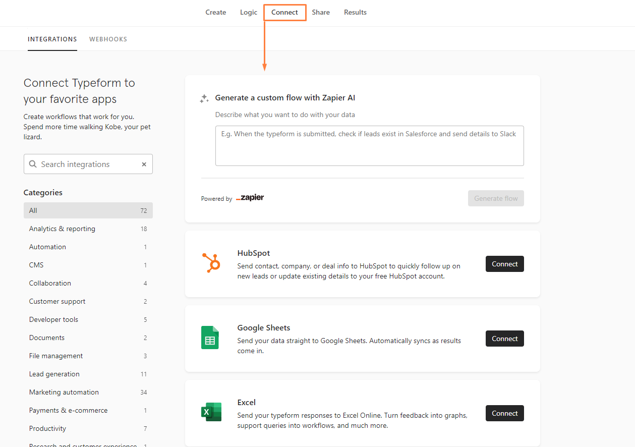 the "Connect" tab in Typeform, which allows users to integrate their form responses with various applications. The options include connecting to HubSpot to send contact or company information, syncing data with Google Sheets, or exporting responses to Excel for analysis. At the top, there's an option to create custom workflows with Zapier AI, allowing for automation across different platforms. Categories on the left side provide various integration options like analytics, lead generation, marketing automation, and more