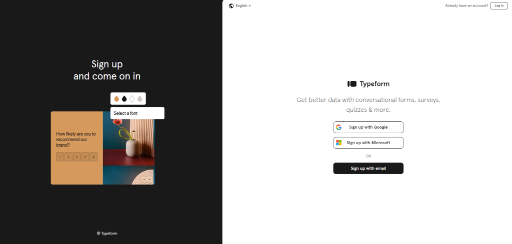 Typeform sign-up page, split into two sections. On the left, there's a preview of a form with a design customization option that allows users to choose a font and color palette. On the right, it offers sign-up options, including "Sign up with Google," "Sign up with Microsoft," or by email. The page encourages creating conversational forms, surveys, and quizzes