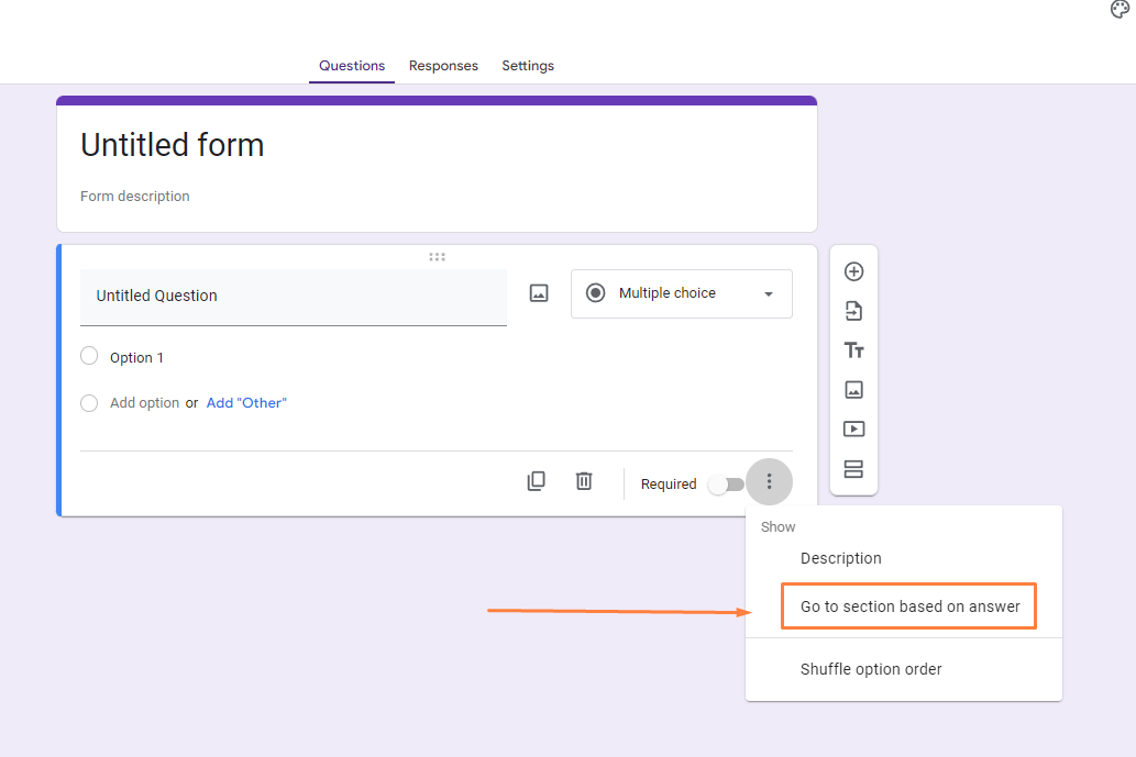 the options for adding more functionality to a multiple-choice question in Google Forms. The "Go to section based on answer" feature is highlighted, which allows form creators to direct respondents to specific sections of the form depending on their answer. This is useful for creating conditional paths within the form, tailoring the experience based on user inputs