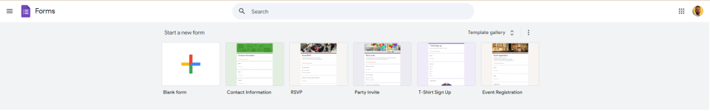 a screenshot of the Google Forms dashboard. It displays the "Start a new form" section with template options, including Blank form, Contact Information, RSVP, Party Invite, T-Shirt Sign Up, and Event Registration. The search bar is at the top, and the user profile icon is visible in the top-right corner. The interface is designed for creating and managing forms through Google Forms.