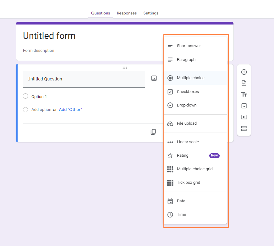 the question type options available in Google Forms. The form is still untitled, and a question is being created with a multiple-choice format. The dropdown menu on the right offers different question types such as:Short answerParagraphMultiple choice (currently selected)CheckboxesDrop-downFile uploadLinear scaleRating (new feature)Multiple-choice gridTick box gridDateTimeThese options allow form creators to choose how respondents will answer questions, depending on the format needed for their data collection.