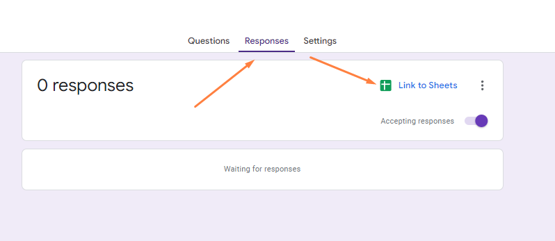 the "Responses" tab in Google Forms, which currently displays "0 responses." Users can click "Link to Sheets" to sync form responses with Google Sheets for easier data management. The toggle on the right shows that the form is currently set to "Accepting responses," allowing further submissions