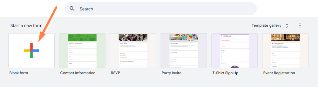 a portion of the Google Forms dashboard, specifically the "Start a new form" section. The user has highlighted the "Blank form" option with an orange arrow, indicating it as the starting point for creating a new form from scratch. Other form templates, such as Contact Information, RSVP, Party Invite, T-Shirt Sign Up, and Event Registration, are also visible as ready-made templates for quick setup.