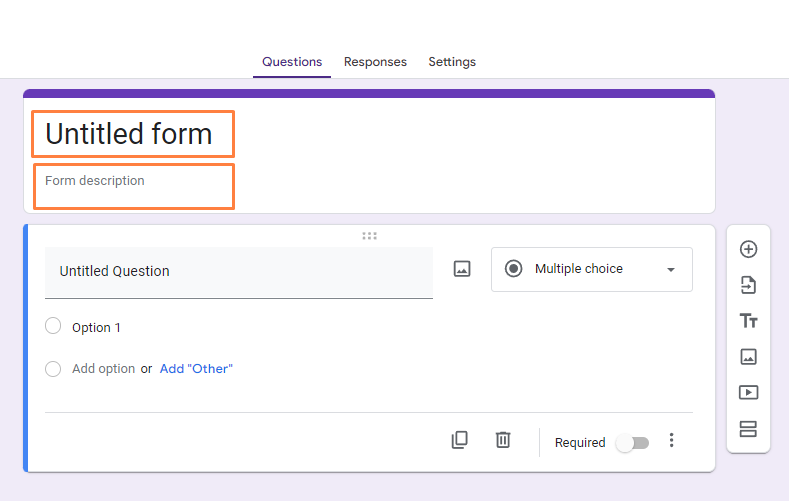 the Google Forms interface where a new form is being created. The form is titled "Untitled form," with space for a description just below it. There is an untitled question currently set to a multiple-choice format, with "Option 1" and an option to add more responses or an "Other" choice. The toolbar on the right allows users to add more questions, import questions, include images, videos, or create additional sections within the form.