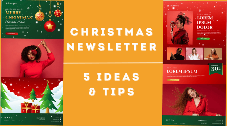 The image showcases a vibrant promotional banner for "Christmas Newsletter: 5 Ideas & Tips." It features two newsletter templates on either side, adorned with festive elements like Christmas trees, ornaments, and gift boxes, accompanied by bold headers promoting sales and special offers. The central orange panel highlights the main theme with white text, creating a cheerful and seasonal aesthetic.