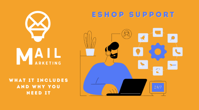 Illustration showing a customer service representative providing eshop support while working on a laptop. The workspace is surrounded by digital interface graphics like charts, gears, and coding symbols, emphasizing technical assistance and maintenance. On the left side, the text reads "Mail Marketing - What it includes and why you need it," highlighting the importance of professional eshop support services.