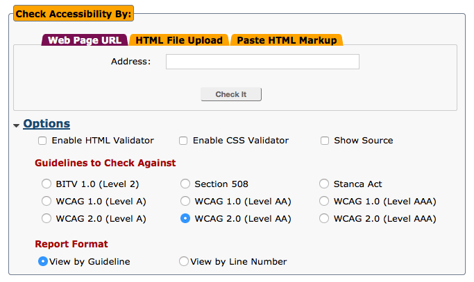 Screenshot of an online WCAG 2.0 accessibility checker tool showing input options for URL, file upload, or HTML markup, with guidelines like WCAG 2.0 Level AA selected for validation.