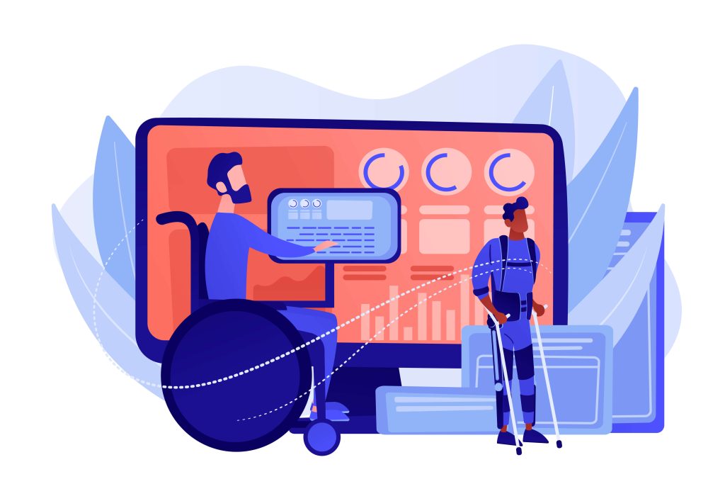 Illustration showing website accessibility with two individuals using assistive technology—one in a wheelchair using a computer, and another on crutches—interacting with an inclusive digital interface. The design emphasizes accessible web design for people with disabilities.