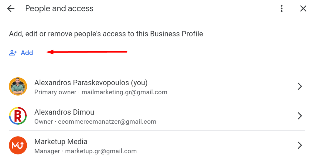 Screenshot of the "People and access" section in Google Business Profile settings, showing a blue "Add" link with a red arrow pointing to it. Three user roles are listed below: Alexandros Paraskevopoulos as Primary owner, Alexandros Dimou as Owner, and Marketup Media as Manager, each with associated email addresses.