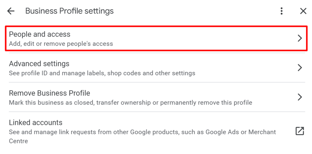 Screenshot of the Business Profile settings menu on Google, highlighting the "People and access" option with a red box. Other visible options include Advanced settings, Remove Business Profile, and Linked accounts.